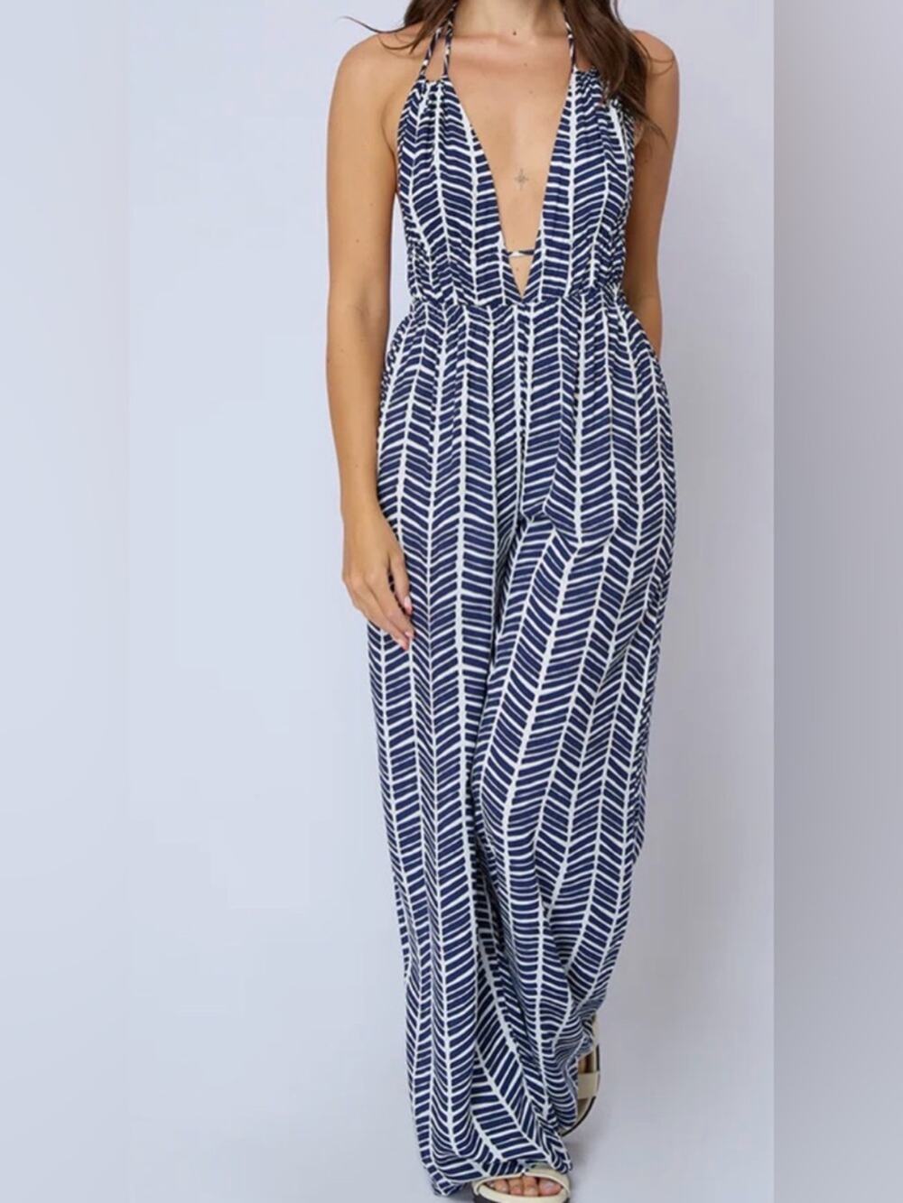 Bamboo blonde tribal arrow Capri tie back halter jumpsuit beachy vacation
